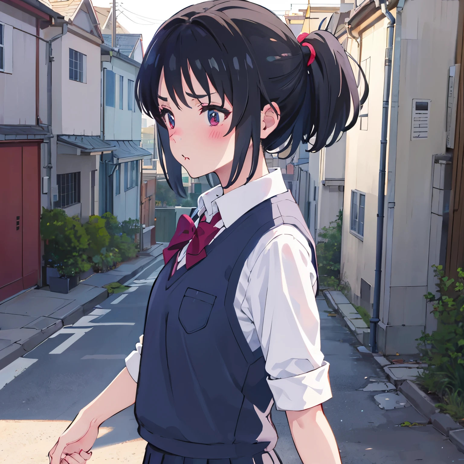 4k, masterpiece, ultra detailed, mitsuha miyamizu, blushing, school uniform, pouting, side-view of her face, walking on pavement, houses 