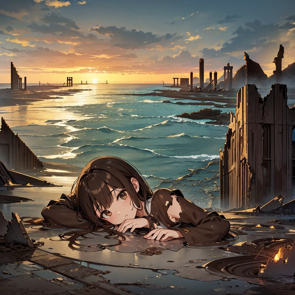 Best illustrations、Best Quality、(No humans、Background only)、((((Sea of mud、Brown Sea、Broken ruins))))、From below、squirt