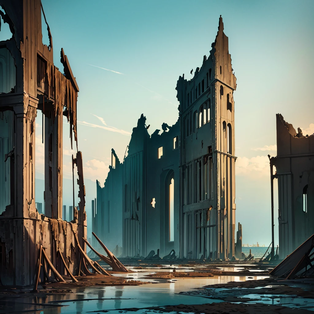 Best illustrations、Best Quality、(No humans、Background only)、((((Sea of mud、Brown Sea、Broken ruins))))、From below、squirt