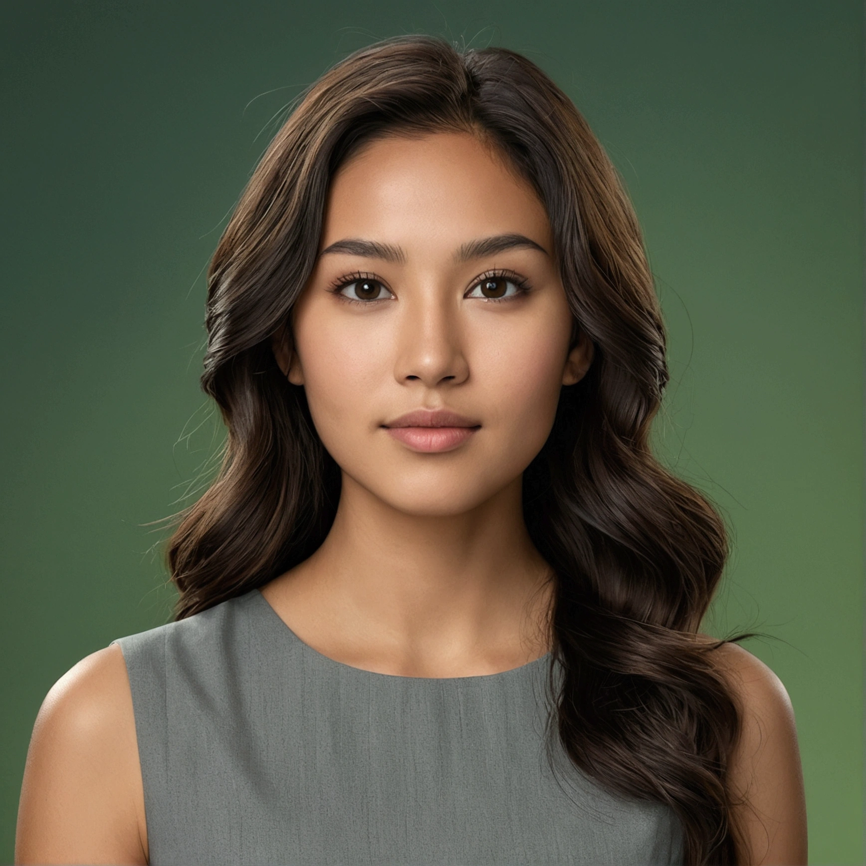 "A 25-year-old female with mixed Asian and Native American features. She has wavy dark brown hair, hazel eyes, a narrow face, and a defined jawline. She is wearing a grey smart casual dress. The background is a dim, green photoshoot backdrop. UHD, masterpiece, anatomically correct, textured skin, high details, best quality."