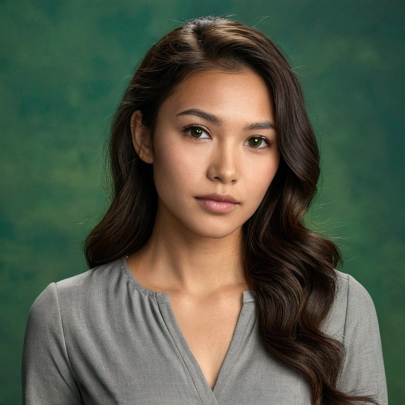 "A 25-year-old female with mixed Asian and Native American features. She has wavy dark brown hair, hazel eyes, a narrow face, and a defined jawline. She is wearing a grey smart casual dress. The background is a dim, green photoshoot backdrop. UHD, masterpiece, anatomically correct, textured skin, high details, best quality."