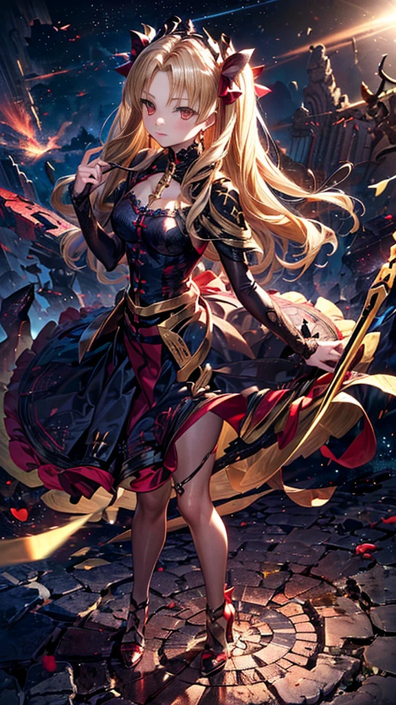 (((Mistress of the Underworld)), beautiful, blonde, ((Ereshkigal)) (((Two-side up hairstyle))), ((Shiny red eyes)), ((Full body)) Goddess, flying in the sky background space