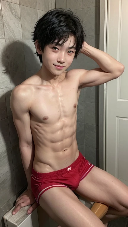 Japanese men、、Muscles and smooth skin、Very short black hair、A relaxed and friendly smile、Light red boxer briefs、You can see your whole body from your toes to your head、Posing in the bathroom、