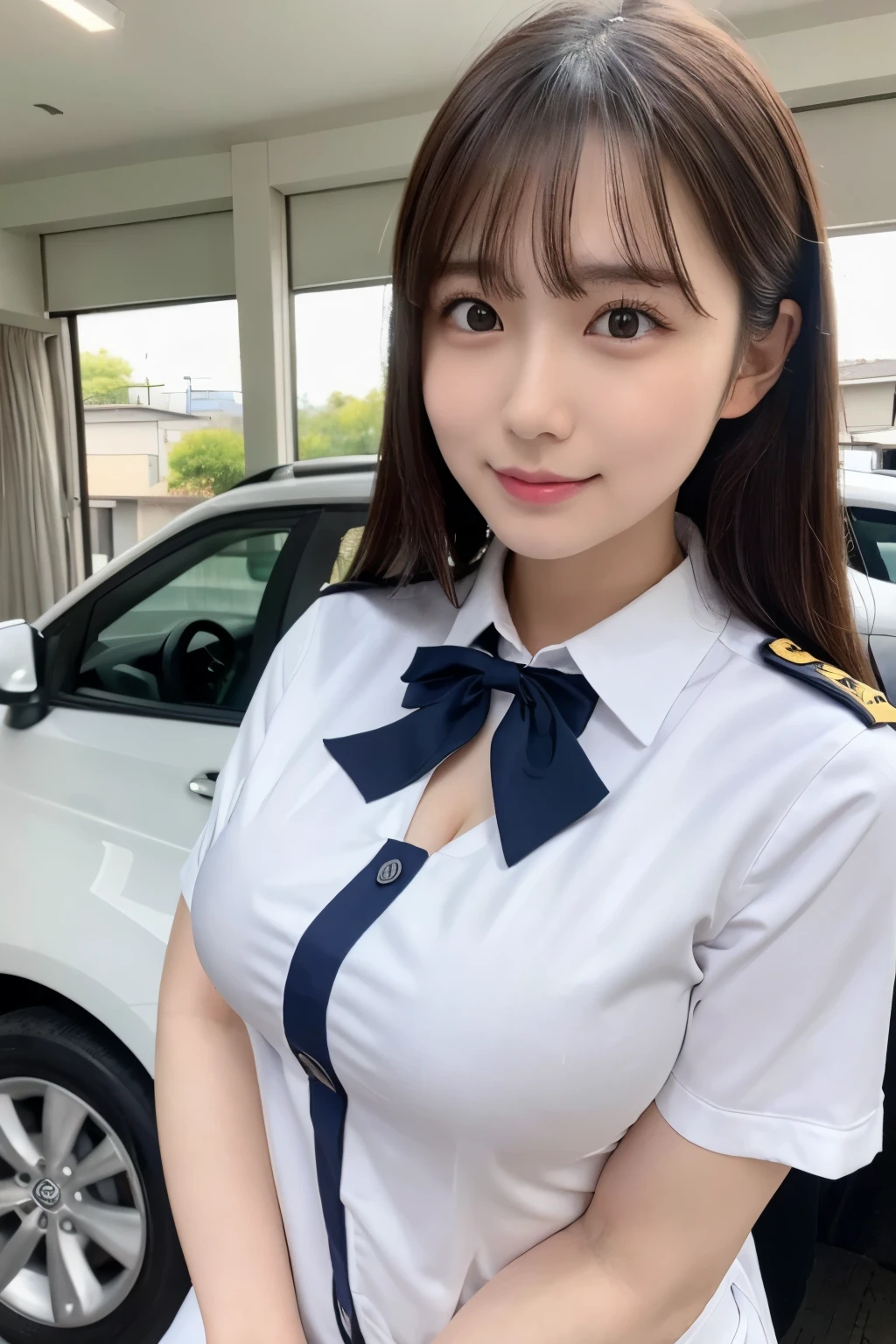 4K,8k,Masterpiece，Realistic），Super Resolution:1.3、Real、（Japanese:1.3）、　RAW Photos、（Realistic:1.2）、looking at the camera、Symmetrical face、（Beautiful face in every detail）、Good looking、22 years old、Japaneseアイドル、Beautiful eyes、Natural Makeup、(（Big Breasts、Cleavage）)、smile、Car wash staff、Washing the car、Campaign Model、companion、(High-leg uniforms:1.5)、Outdoor、Bold behavior、Sexy Uniform