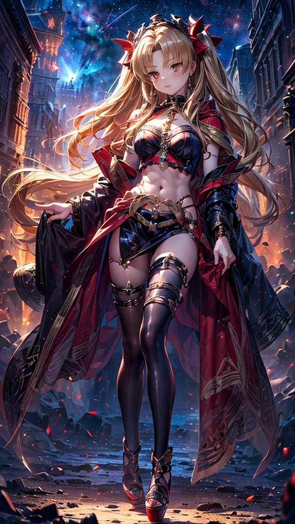 (((Mistress of the Underworld)), beautiful, blonde, ((Ereshkigal)) (((Two-side up hairstyle))), ((Shiny red eyes)), ((Full body)) Goddess, flying in the sky background space