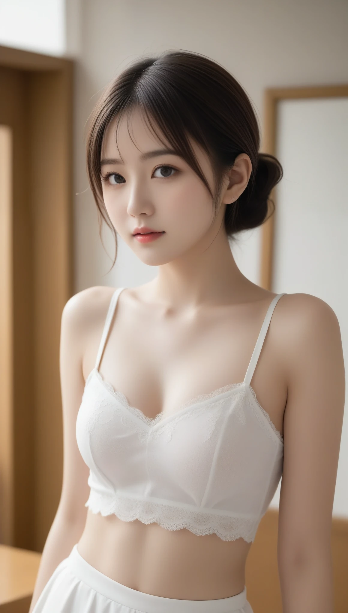 8k, Ultra-high resolution, Highest quality, masterpiece, 三分割法によるphotograph,Surreal, photograph, 1 Girl, (:1.3), pretty girl, Cute Face, Beautiful eyes in every detail, 細かくdetailedに,masterpiece,One Girl:1.2,Japanese female announcer,cowboy shot,disgust,Black short hair,Messy bun hair,Red lace lingerie, See through, Look forward, Standing posture, Opposition, Dynamic Lighting, Sharp contours, Light from above, Low contrast, (Side view),Perfect and beautiful face ,完璧でCute Face, Skin with attention to detail, Perfect limbs、Narrow waist,Looking at the audience,(((Ideal body type))),A cup small breasts :2,Portraiture:2,Perfect Anatomy,鮮明なdetailed,detailed,Surreal,Light and shadow,spotlight