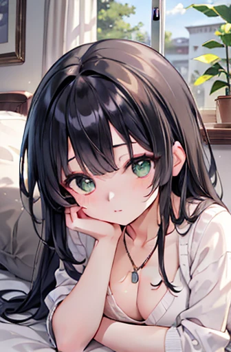 (masterpiece, Highest quality, High resolution, 超High resolution, Pixel perfect, Depth of written boundary, 4K, RTTX 10.0, High resolution))), (Dream), One girl, single, alone, Beautiful Anime Girls, Beautiful art style, Anime characters, 24-years-old, ((Long Hair, bangs, Thick black hair, Curly Hair:1.2, hairpin)), ((Detailed face, blush:1.2)), ((Detailed eyes, Green Eyes:1.8, Glitter effect, Fine eyelashes, Beautiful eyelashes)), ((Smooth texture:0.75, Realistic texture:0.55, Anime CG style)), ((Medium chest, Cleavage)), Dynamic Angle, Big Breasts, Perfect body, ((close, throw, Portraiture, cute)), ((Sleeping in bed, Lying on my back on the bed, Put your hands on your head)), ((White sweater, skirt, Silver Necklace)), Morning Scenery, Natural light, (indoor, Bedroom, Next to the window)