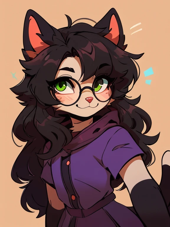 1 boy, furry, Antro, feline, domestic cat, antropomorfic cat, green eyes, blep, coffeesoda art style, e621, Fantazy adventurer, Black cat femboy, round glasses, black boddy, black hair, long hair, black fur, purple clothing.