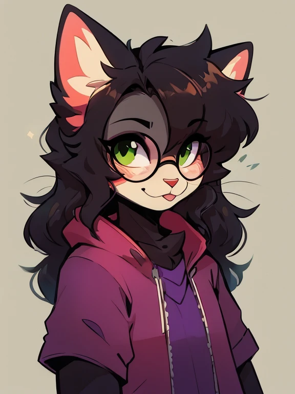 1 boy, furry, Antro, feline, domestic cat, antropomorfic cat, green eyes, blep, coffeesoda art style, e621, Fantazy adventurer, Black cat femboy, round glasses, black boddy, black hair, long hair, black fur, purple clothing.