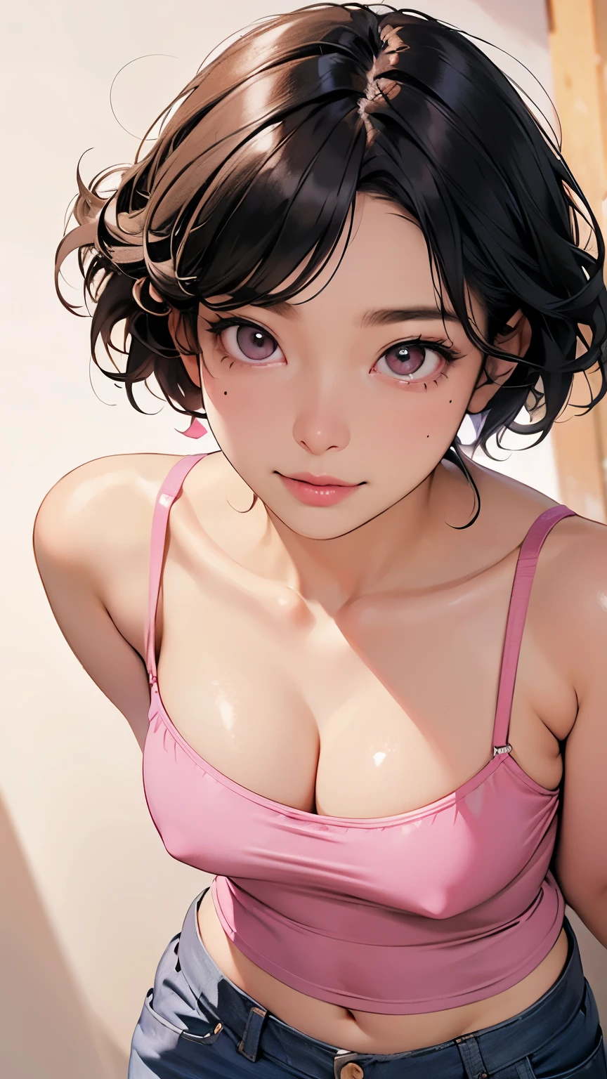 Thin-strap camisole, hot pants, pink thin clothes, slimming look, short curly black hair, detailed eyes, detailed face, detailed skin, sidelong glance, narrow eyes, gentle expression, casual background, mole under eye,