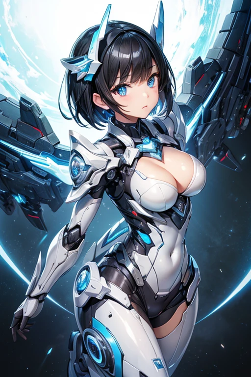 ((Highest quality))、((masterpiece))、(detailed)、((Anatomically correct))、One Woman、aldult、(look at me)、whole body、jump、(Angle from the front)、(Ultra-glossy skin with attention to detail:1.1)、Glowing Skin、bangs、Short Hair、Beautiful black hair、(Beautiful Eyes:1.lim figure、medium breaavage、Erles、headgrm Armanical wings from the back、Blue core in center of chest、Holding a futuristic gun、Future City、battlefield