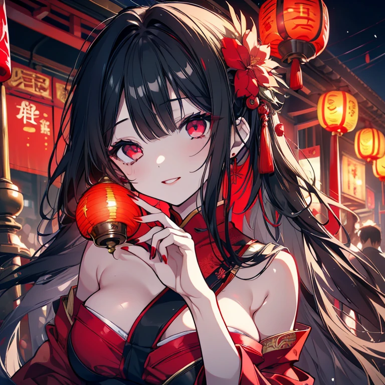 1 girl、Mature、Ample breasts、Long Hair、Trimmed hair、Shiny black hair、Red nails、Red Lip、Red Eyes、A seductive smile、China dress、Hozuki、Hozukiのピアス、dusk、Chinatown、The lantern shines、Nostalgic、High resolution、Highest quality