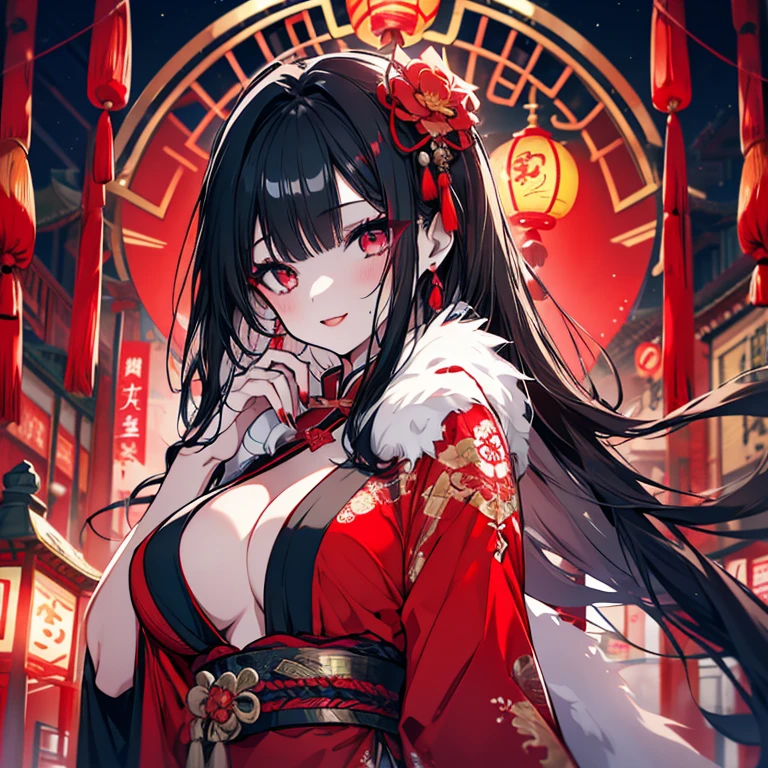 1 girl、Mature、Ample breasts、Long Hair、Trimmed hair、Shiny black hair、Red nails、Red Lip、Red Eyes、A seductive smile、China dress、Hozuki、Hozukiのピアス、dusk、Chinatown、The lantern shines、Nostalgic、High resolution、Highest quality