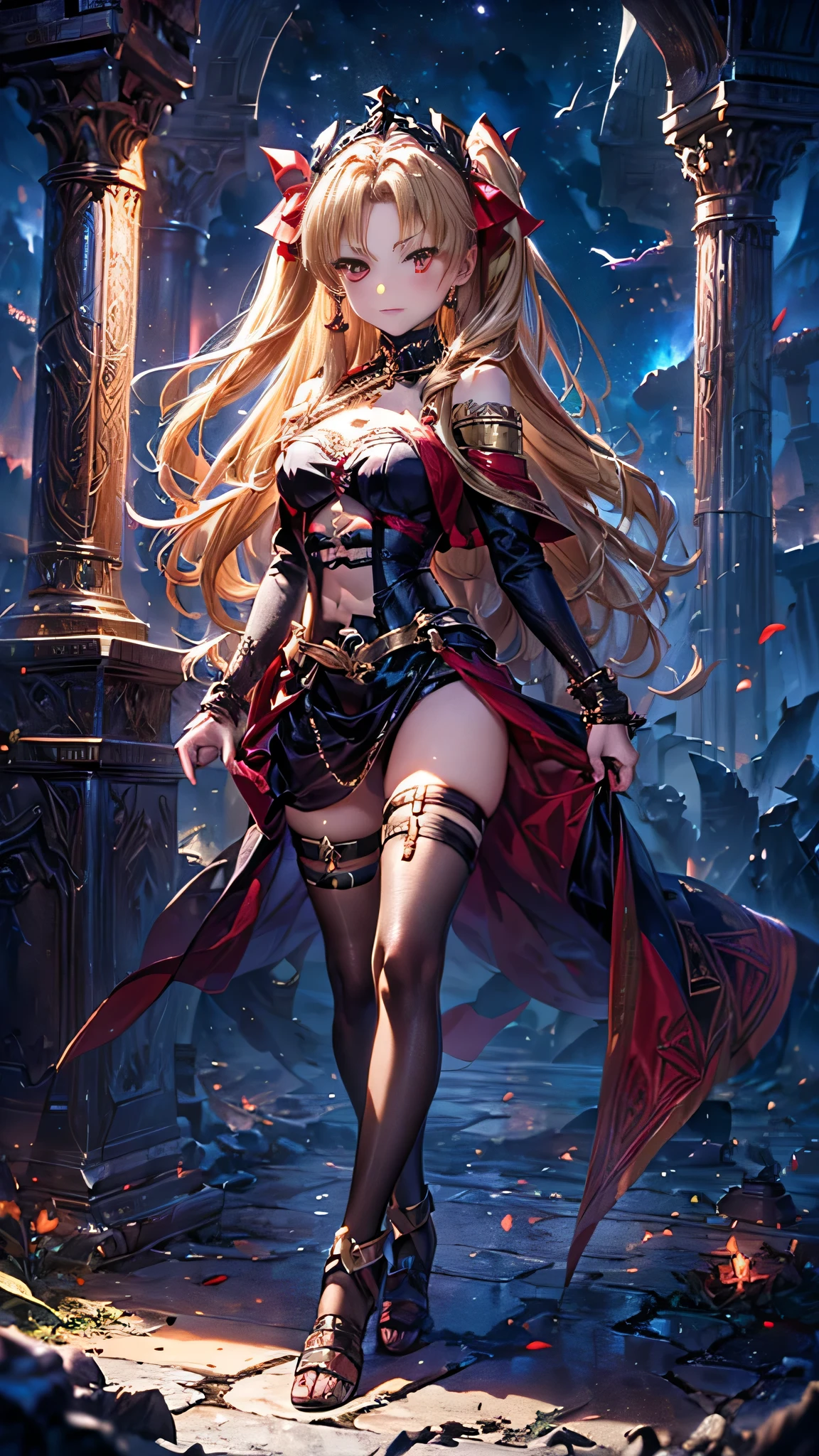 Dark magician gils with black gala dress. She wears red heels, has earrings. Wear necklaces.  Long blonde hair. blue eyes. Red lips. Sensual and subjective pose. Castle Background 