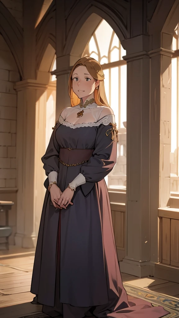 Adult woman, peasant dress, medieval fantasy, standing, looking straight ahead