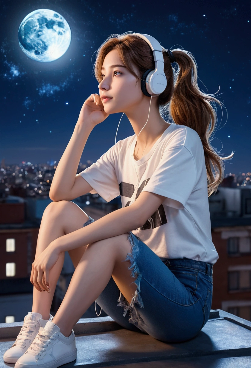 1 girl, siting on edge on the roof of a multi-story building, earphones, starry sky, moon, casual outfit, jeanse, white t-shirt, masterpiece, best quality, full body, extremely detailed CG unity 8k wallpaper, night city in the background