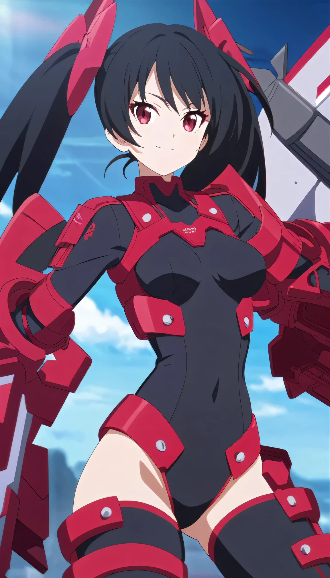 Black hair, twintail hair, Red eyes, medium breasts, Red gear outfit, Armored gear, Sexy mode, Smile, Anime Styles, HD