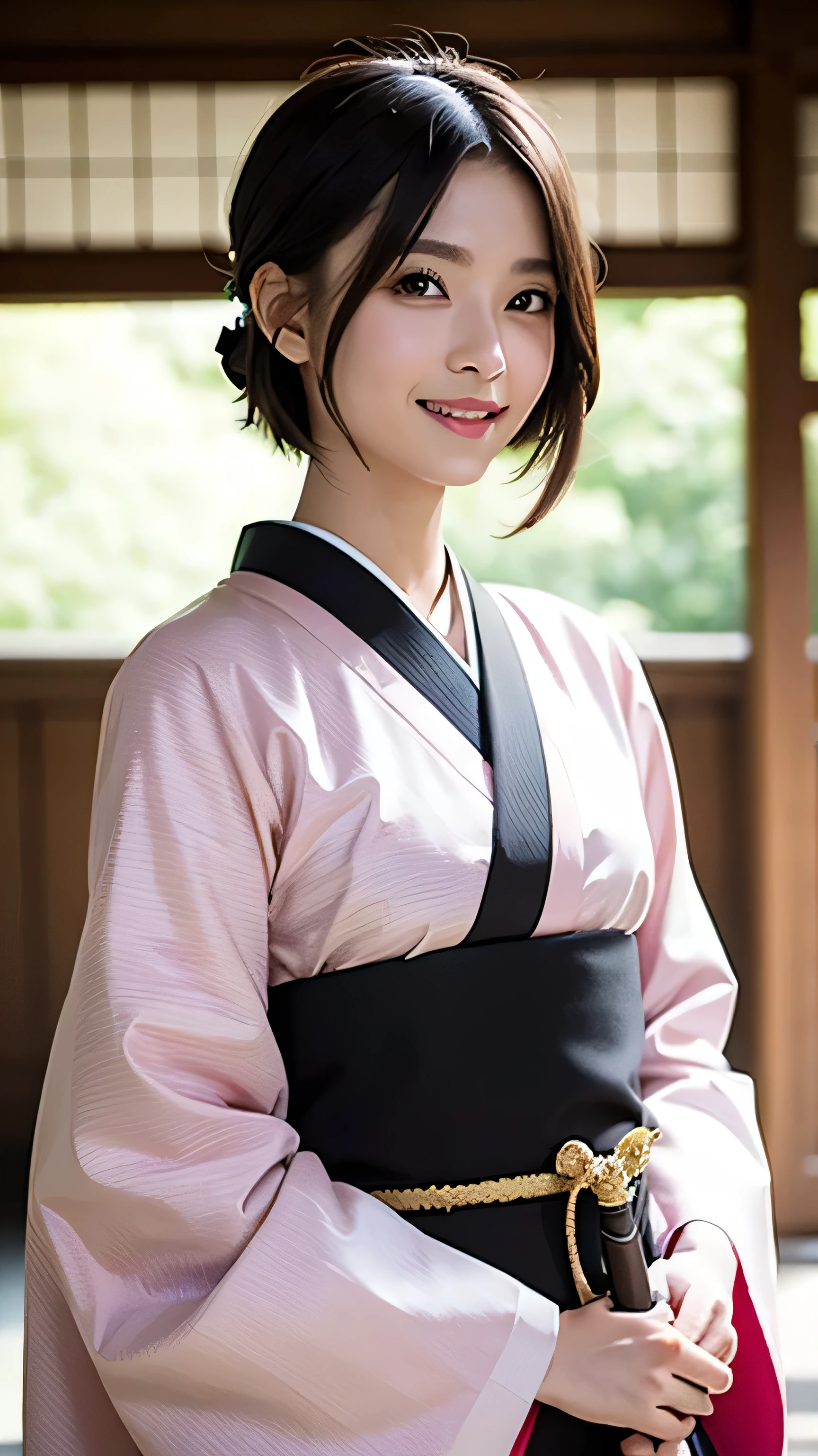 1girl, solo, japanese clothes, short hair, weapon, sword, brown eyes, looking at viewer, kimono, brown hair, lips, hand on hip, sheath, smile, katana, black hair, upper body, closed mouth, sheathed, hand up  