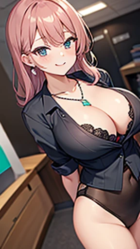 OL, office lady, panties, Black bra, smile, necklace, Earrings, Front view, whole body, Low - Angle,Large Breasts