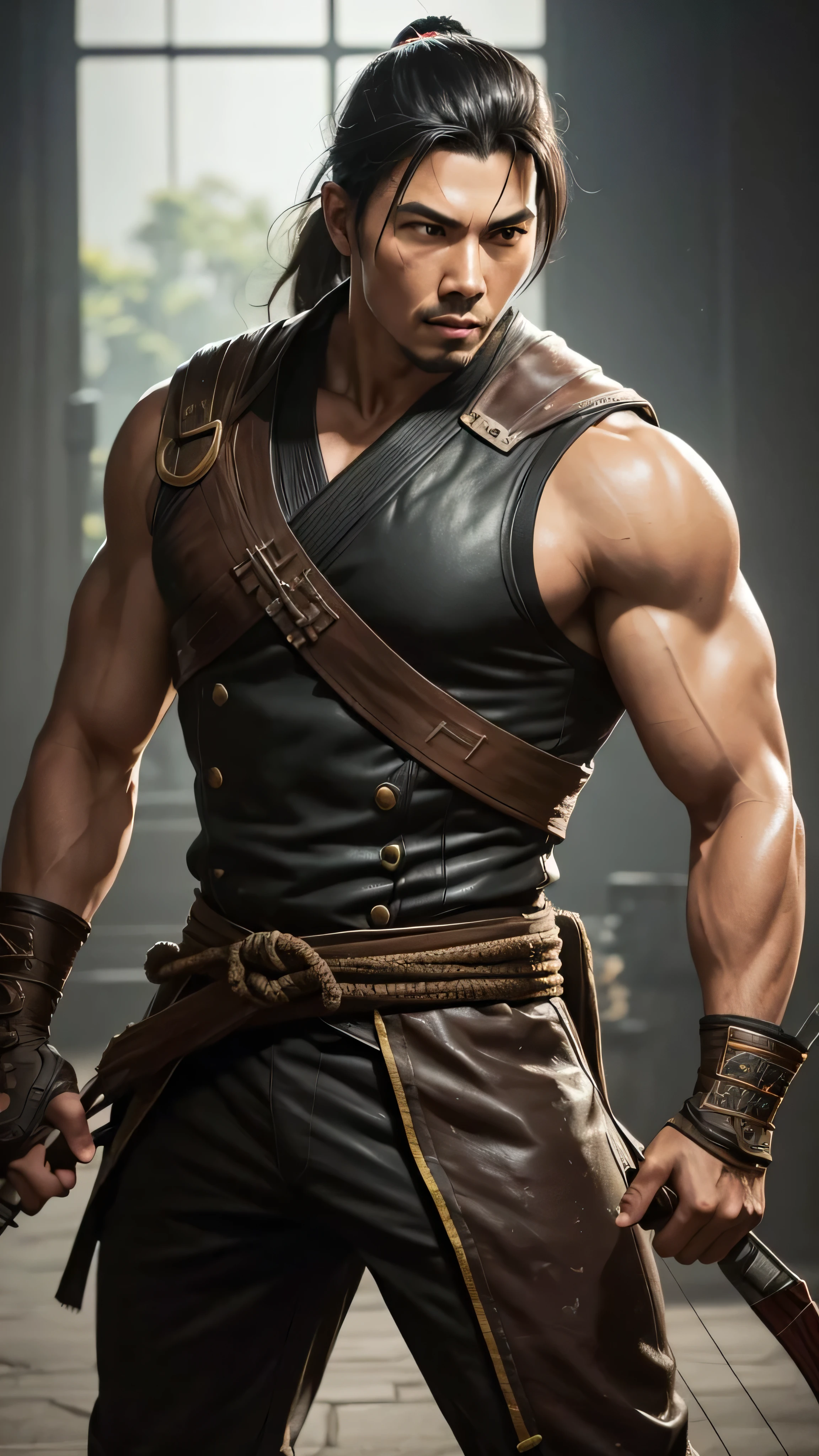 (Lewis Tan) as Kung Jin from Mortal Kombat, black long ponytail, dark brown traditional martial arts sleeveless vest, dark brown traditional martial arts pants, dark brown loincloth, hoding (bow), (arrows), (bronze helmet), (insanely detailed, beautiful detailed face, masterpiece, best quality), cinematic lighting, 1man, solo, full body view, front view, looking at viewer, intricate, high detail, sharp focus, dramatic, photorealistic painting art by greg rutkowski