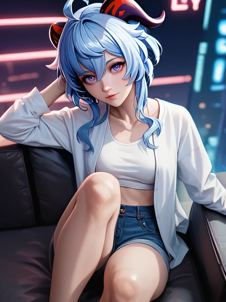 score_9,score_8_up,score_7_up,score_6_up,expressive eye, cute, 1girl, looking at viewer, Ganyu \(Genshin impact\), \(cyberpunk\), casual clothes, fashion, white shirt, open jacket, edgerunners custome, couch, sitting, indoors, neon lights, from above, solo, very aesthetic, best quality, (best shadow:1.2), cyberpunk, glowing shoes, knee up