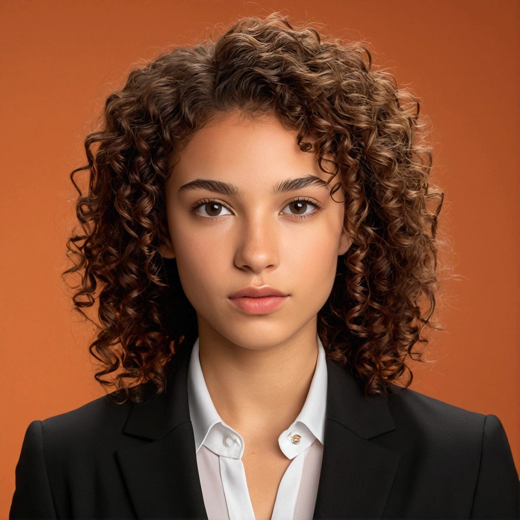 "A 22-year-old female with mixed Caucasian and African features. She has curly brown hair, hazel eyes, high cheekbones, and medium lips. She is wearing a black business suit with a white blouse. The background is a dim, orange photoshoot backdrop. UHD, masterpiece, anatomically correct, textured skin, high details, best quality."