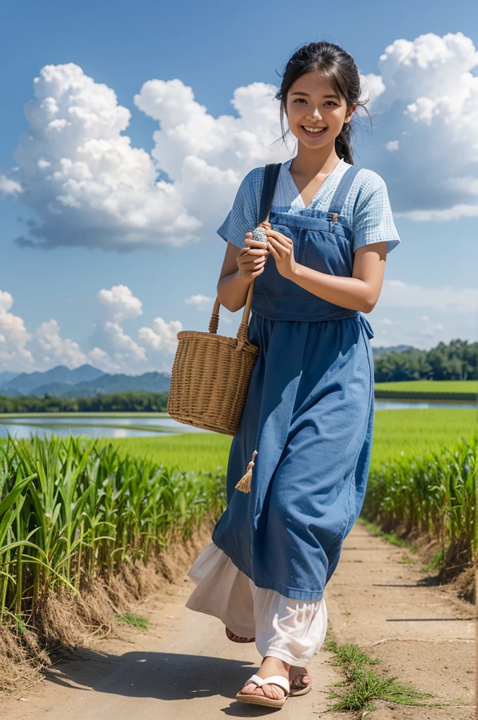 Make 3d pictures Siti Carrying a Basket: Show Siti carrying a basket full of harvested crops, walking along a rice field path with a smile on her face, under a bright blue sky with soft white clouds.