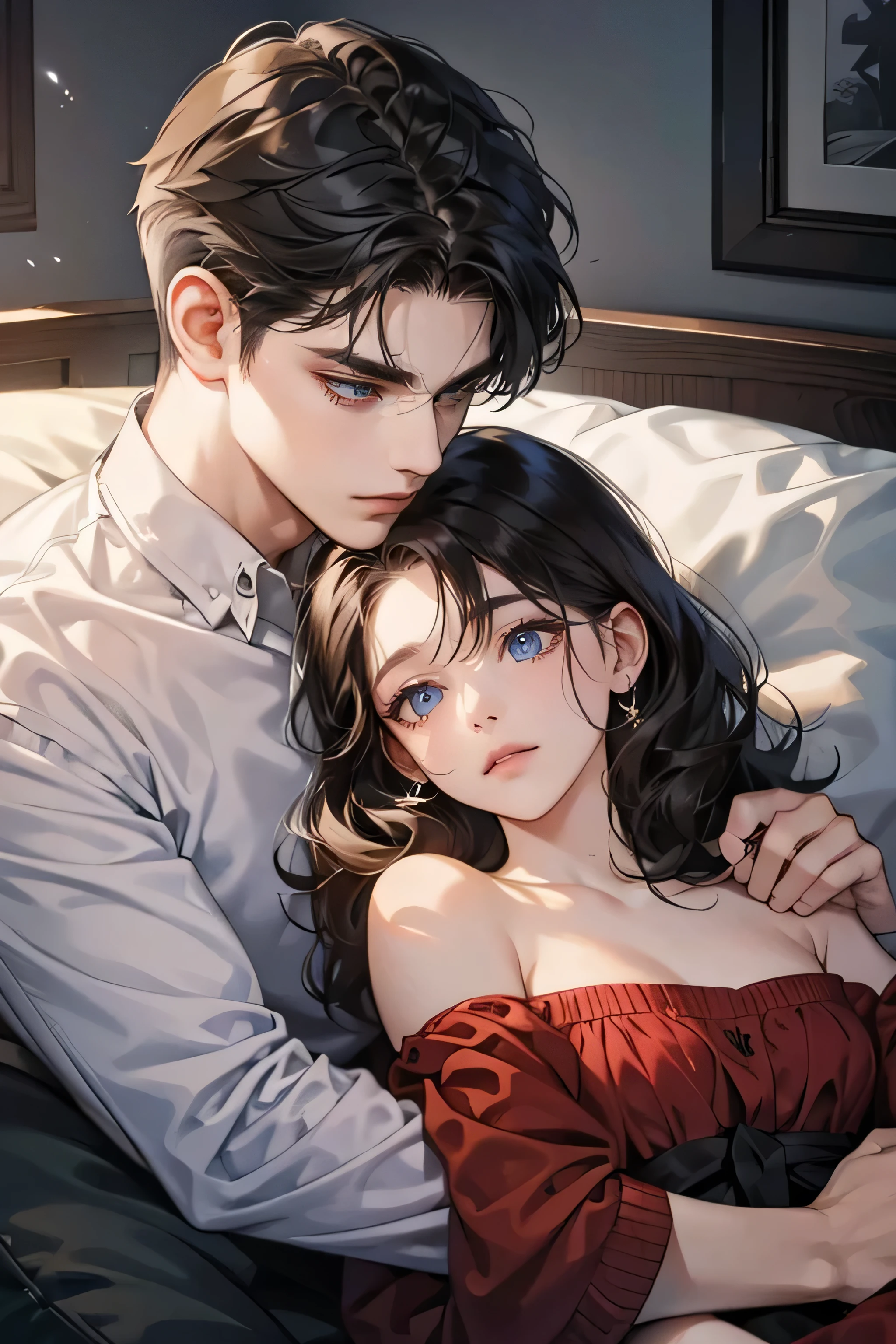 boy and girl, cuddle, cuddling, girl(A dark-haired、Medium hair、Shoulder-length hair、waved hair), detailed eyes, cery detail faces, 4k, super detail