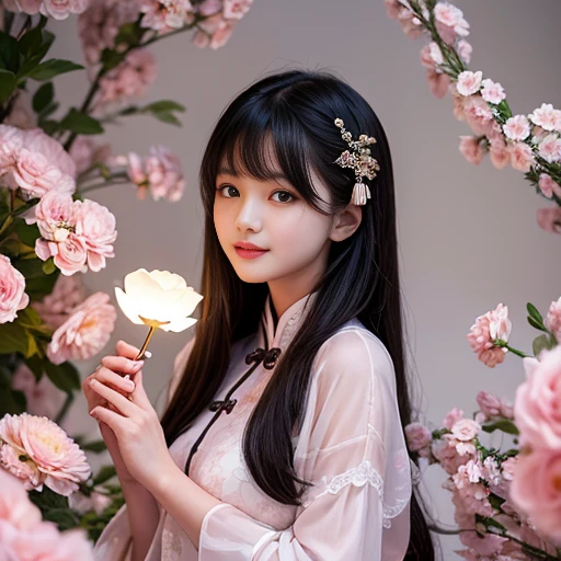 best quality, Delicate face，beautiful visual work, lifelike, eternity, black hair, Long curly hair, blunt bangs, Smile, 在flower园里, flower, Detailed Background, Delicate face，pink blush，cold，((masterpiece))、(top quality)、8k、high detail、Super detailed，21 years old female，Wearing Chinese cheongsam、Seductive and whimsical style、masterpiece、born、Scenes resembling fairy tale illustrations、intricate details和複雜的設計、Beautifully、magic、capricious、 Beautifully、Dream aesthetics、「𝓡𝓸𝓶𝓪𝓷𝓽𝓲𝓬、ethereal、charming、fickle、magic」、realism、Visual effects、FXAA、SSAO、Shader、voiceless、ambient lighting、Tone mapping、High resolution、Ultra high quality、Million pixels、(8K resolution:1.10)、8k、8k以下、8K resolution、high detail、intricate details， (high quality:1.2、masterpiece:1.2、:1.21)、(21 years old female:1.21)、(興奮地Smile)、(Surrounded by a dreamy atmosphere、Model diagram，full-body shot，Normal 2 feet，Don't show your fingers，Japanese fan unfolded under chin