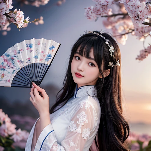 best quality, Delicate face,beautiful visual work, lifelike, eternity, black hair, Long curly hair, blunt bangs, Smile, 在flower园里, flower, Detailed Background, Delicate face,pink blush,cold,((masterpiece))、(top quality)、8k、high detail、Super detailed,21 years old female,Wearing Chinese cheongsam、Seductive and whimsical style、masterpiece、born、Scenes resembling fairy tale illustrations、intricate details和複雜的設計、Beautifully、magic、capricious、 Beautifully、Dream aesthetics、「𝓡𝓸𝓶𝓪𝓷𝓽𝓲𝓬、ethereal、charming、fickle、magic」、realism、Visual effects、FXAA、SSAO、Shader、voiceless、ambient lighting、Tone mapping、High resolution、Ultra high quality、Million pixels、(8K resolution:1.10)、8k、8k以下、8K resolution、high detail、intricate details, (high quality:1.2、masterpiece:1.2、:1.21)、(21 years old female:1.21)、(興奮地Smile)、(Surrounded by a dreamy atmosphere、Model diagram,full-body shot,Normal 2 feet,Don't show your fingers,Japanese fan unfolded under chin