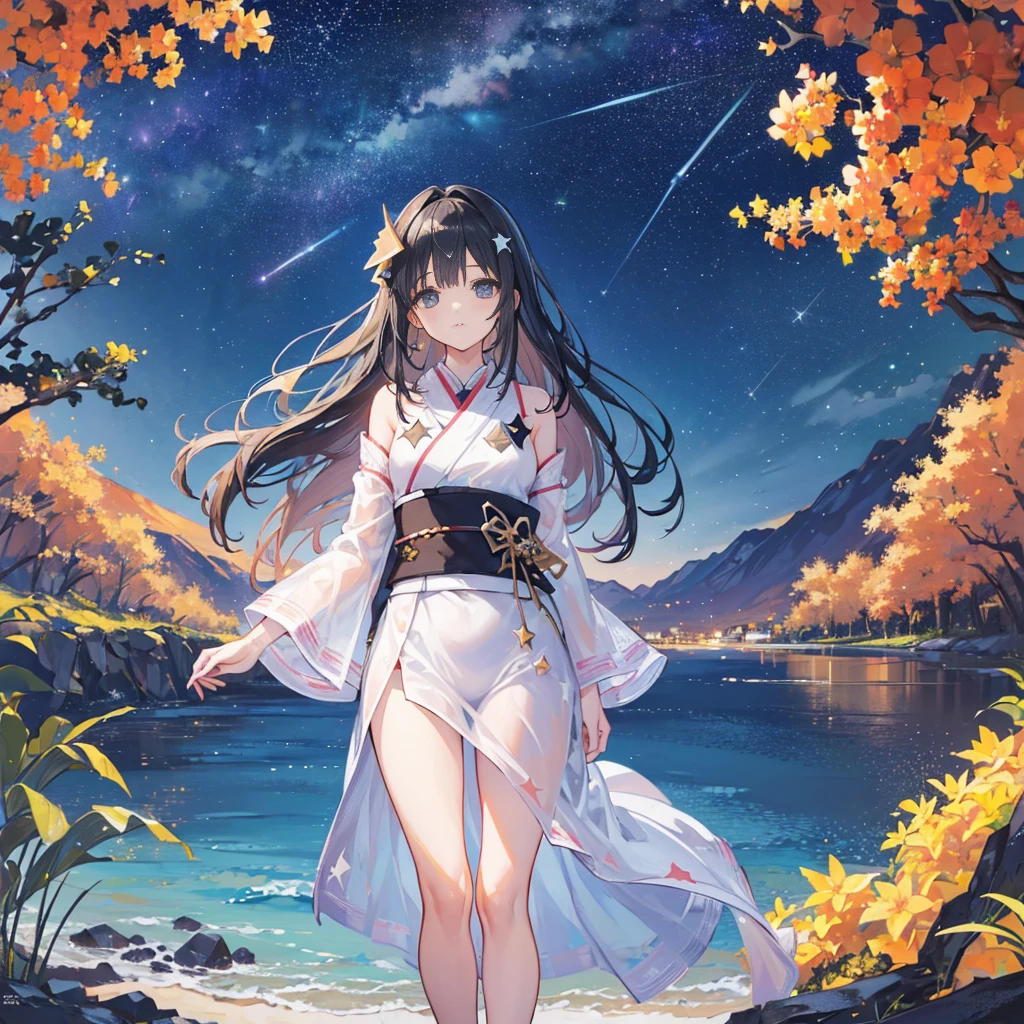 absurdres, highres, masterpiece, best quality, ultra-detailed 8k wallpaper, (detailed beautiful face):1.2, (detailed beautiful eyes)1:1, 1girl, solo, (He’s looking at us:1.2), black hair, Flower-patterned yukata, (summer triangle:1.3), The Star Festival, shining sky, distant horizon, clouds, natural beauty, (night sky, Shining Stars:1.5), (summer triangle:1.5), Residential area seen from balcony, Residential area in the distance, BREAK (very wide:1.3),(panorama view:1.3),(sense of depth:1.5),(long shot:1.3),(magnificent view:1.3)