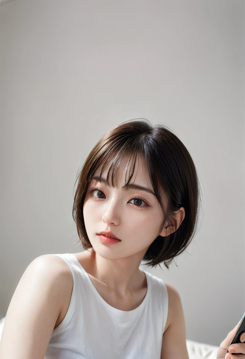 photorealistic, Photography ,BREAK, short hair woman, taking a (selfie:1.5) , (white T-shirts and denim pants), on the sofa in simple bedroom , white background, (short hair), BREAK, 8k , LAW , best-quality, masterpiece, hyper realistic detail shiny skin , natural shading , realistic shadow, BREAK (hyper realistic detail shiny skin, detailed skin, detailed hair, ultra sharpness, intricate details), perfect anatomy