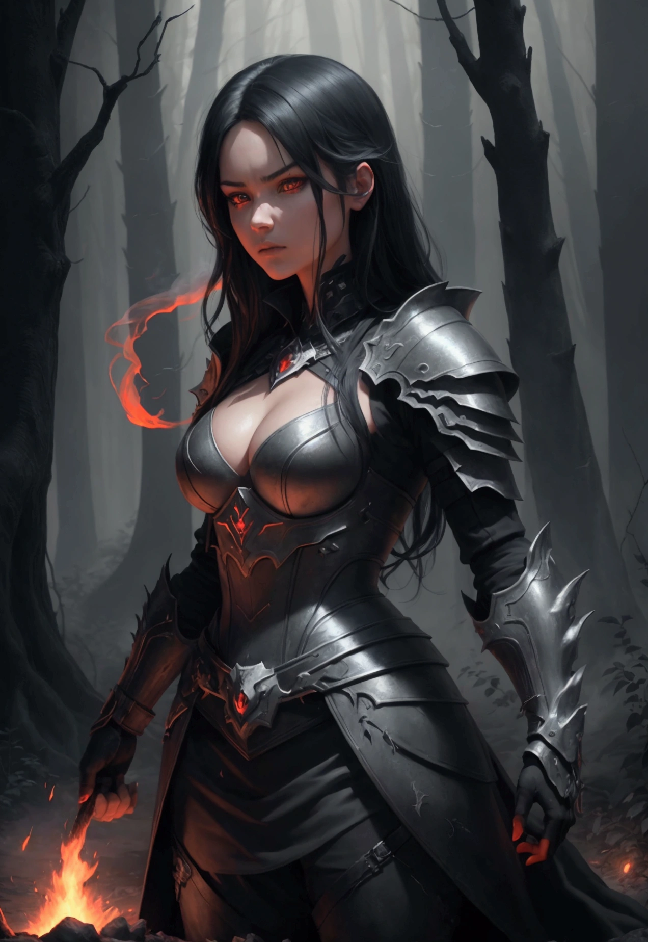 Masterpiece, highest quality, ultra detailed, conceptual art, illustration, digital art, solo, young  hidden in the forest, surrounded by black smoke and ash (angry expression), long black hair, red irises, black armor with silver accents, incredibly beautiful, beautiful eyes, dynamic pose, ready for battle stance, elegant pose, fire, red volcanic ash, black volumetric dense smoke, obsidian theme, HDR, bloom, moody, dimming of illumination, lit from the background, cinematic lighting, soft lighting, natural lighting, dramatic lighting, dark and mysterious, intricate, very detailed, trending on ArtStation