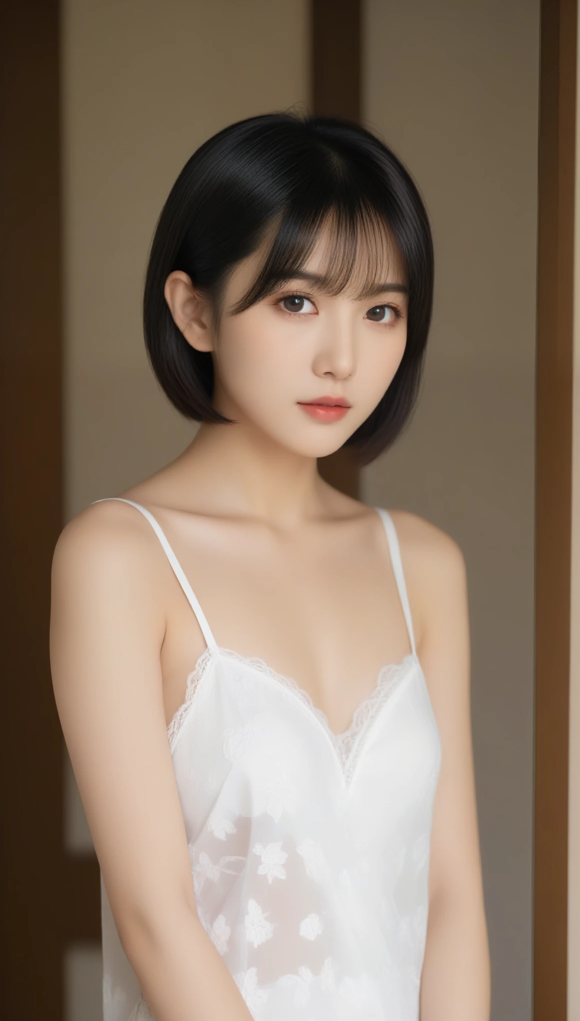 8k, Ultra-high resolution, Highest quality, masterpiece, 三分割法によるphotograph,Surreal, photograph, 1 Girl, (:1.3), pretty girl, Cute Face, Beautiful eyes in every detail, 細かくdetailedに,masterpiece,One Girl:1.2,Japanese female announcer,upper body,Serious expression,Black short hair,Bob with bangs,White lace lingerie, See through, Look forward, Standing posture, Opposition, Dynamic Lighting,Hotel room、 Sharp contours, Light from above, Low contrast, (Side view),Perfect and beautiful face ,完璧でCute Face, Skin with attention to detail, Perfect limbs、Narrow waist,Looking at the audience,(((Ideal body type))),A cup small breasts :2,Portraiture:2,Perfect Anatomy,鮮明なdetailed,detailed,Surreal,Light and shadow,stage lights