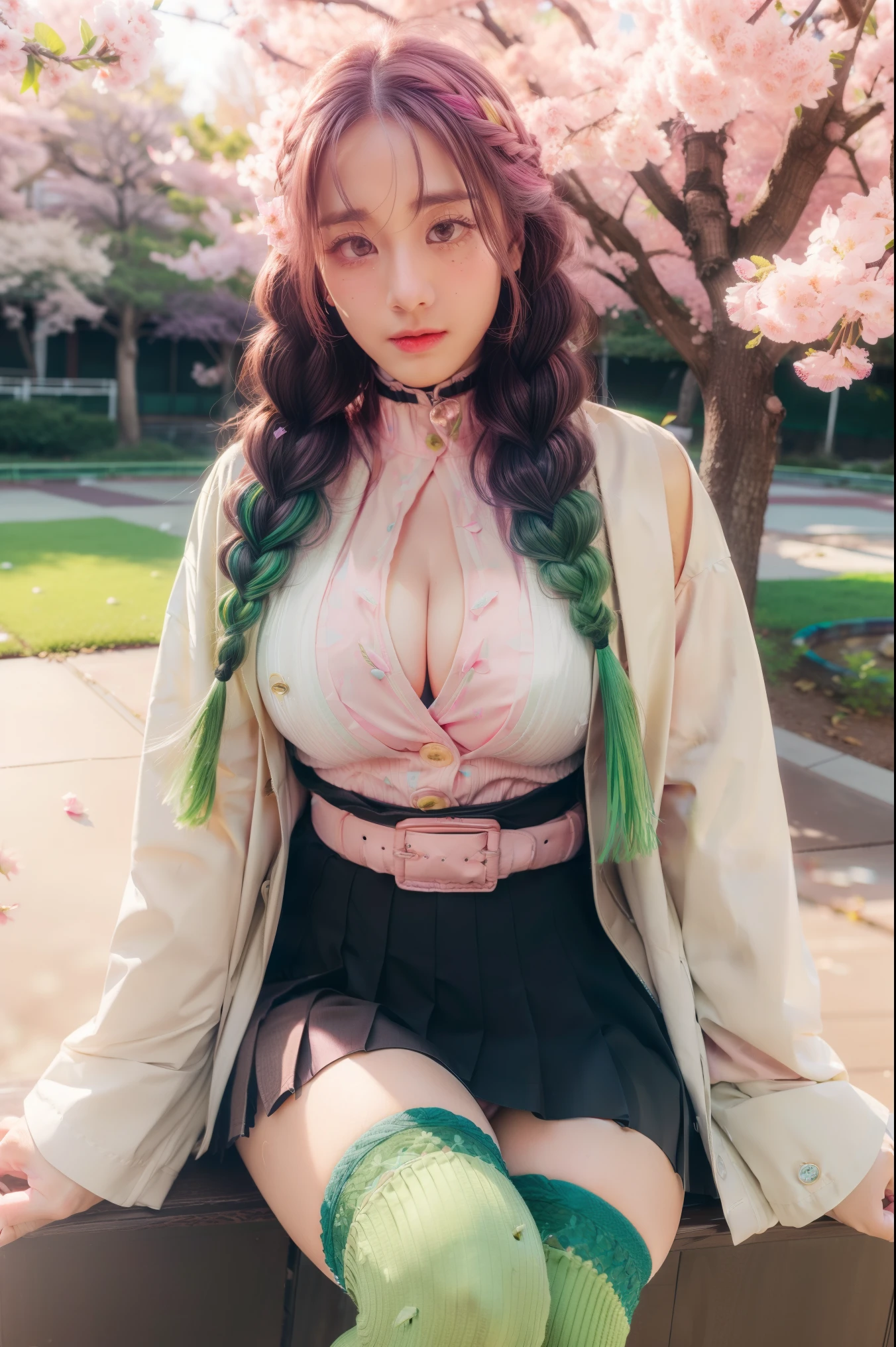 (((masterpiece)), (best quality:1.7), (detailed:1.4), (high res:1.4), 8k, (colorful:1.5), high resolution, sharped image, 4k, hd, (beautiful detailed background:1.2), (beautiful lighting:1.2), (highly detailed:1.2), perfect lighting, (8k wallpaper:1.2), (highly detailed:1.2), (extremely detailed CG:1.2), mitsuri_dms, 1girl, solo, green eyes, mole, mole under eye, green hair, pink hair, ((black_special_pupil)), eyelashes, thick eyelashes, braids, twin braids, hair between eyes, long hair, large breasts, skirt, black skirt, pleated skirt, belt, white belt, long sleeves, jacket, white jacket, thighhighs, green thighhighs, open clothes, zettai ryouiki, haori, demon slayer uniform, japanese clothes, cleavage, sitting, sakura trees, sakura, leaves, petals, ((blush)), (embarrased),