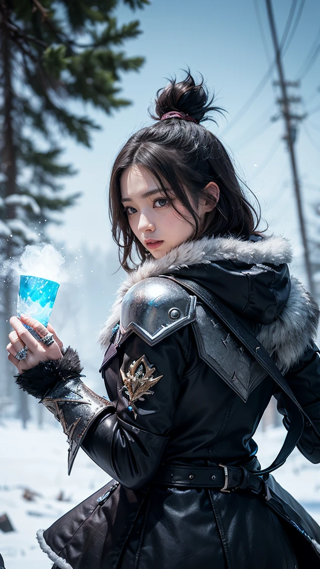 "Show Bristleback (Rigwarl) from DOTA game in her Frost set, with icy armor and frosty quills that sparkle with a cold, blue light, have massive k-cups, battling through a snowy, frozen wasteland with blizzards swirling around."