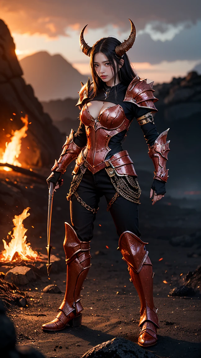 "Create an image of Bristleback (Rigwarl) from DOTA game in her Infernal skin, with fiery armor and glowing red-hot spines, have massive k-cups, standing in a volcanic terrain with lava flows and molten rocks."