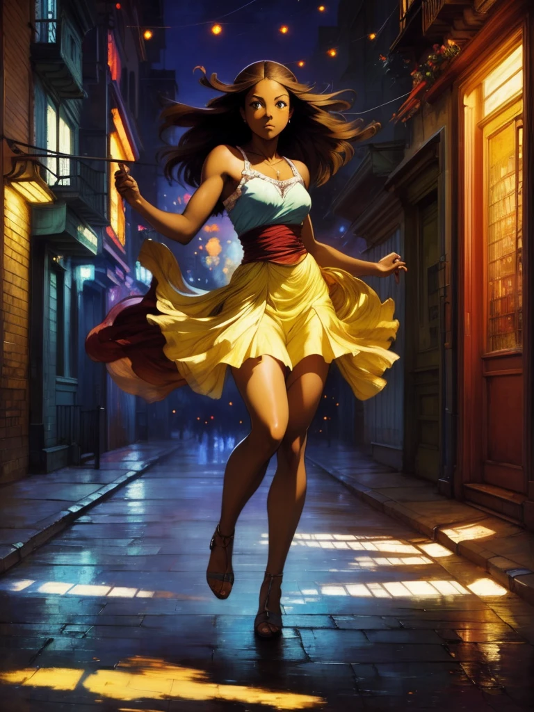 ((Solo full body Beautiful Caribbean woman with dark skin and striking eyes)),  shadowed interior background, art by akihiko yoshida, manga art style, colorfield illustration, Scary atmosphere, global illumination, by frank frazetta, art by goro fujita, glamour shot, street dancing, banner, blur, anime key visual, (blue, yellow and grey colors), dramatic photo, anime girl, Intricate details, chiaroscuro, pino daeni, impressionist (best quality, masterpiece)
