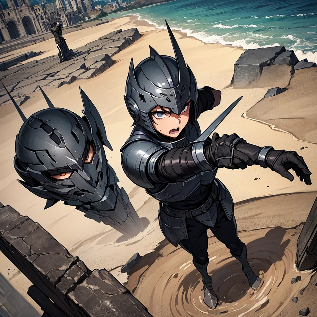 a bit, Warrior Girl, Black high leg swimsuit, sword,armor、Quiet、battlefield、There are many monsters in the background、Finding、Scared、shout