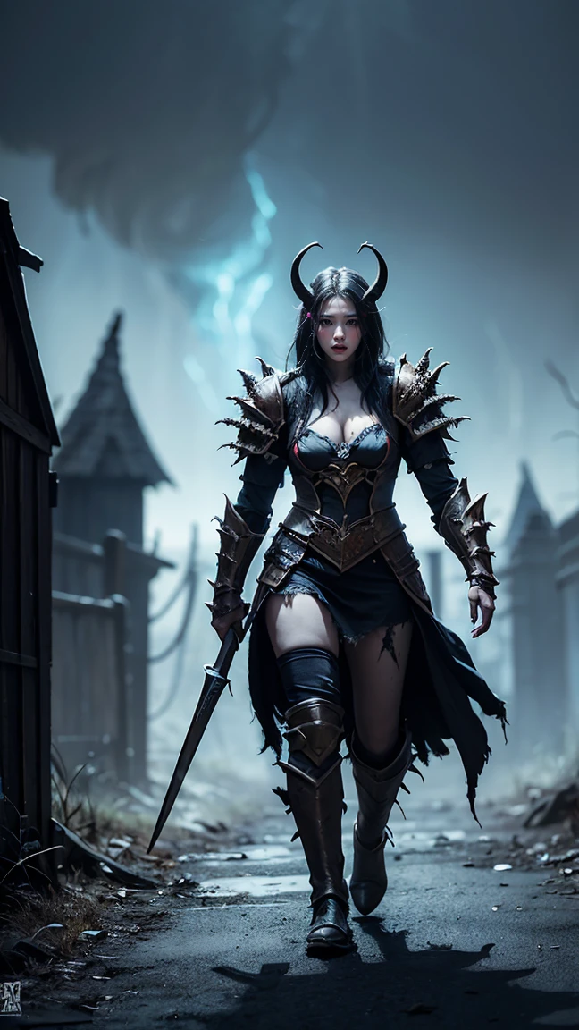 "Depict Bristleback (Rigwarl) from DOTA game in her Dread form, with dark, ominous armor and spines that emit a menacing aura, have massive k-cups, in a haunted, desolate landscape with eerie shadows and ghostly figures."
