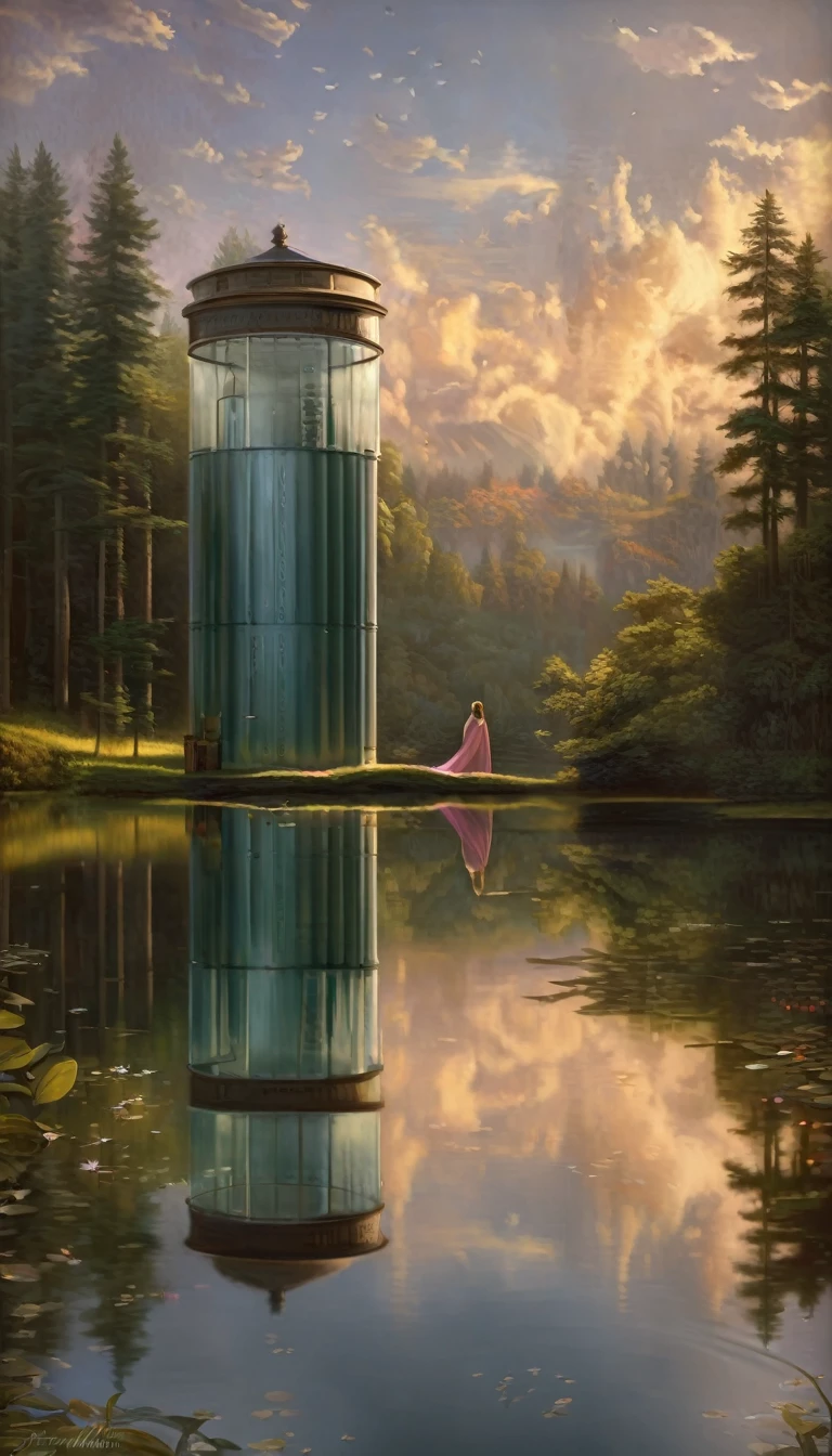 High quality illustrations by John William Waterhouse, Johannes Vermeer, wallpaper, summer, lake, dawn, forest, detailed forest, cloud, masterpiece, Cinematic, Soft Light, Depth of written boundary, Ray Tracing, Reflection on the surface of the water, realism, Super detailed, nymph, Fairy, Mysterious and romantic atmosphere, Lavish decoration, Intricate details, (Enclosed water tank, Transparent water tank, Caustic Surfaces)(reflect, refraction, deflection:1.2)(Very exquisite beautiful face and eyes)Absurd, Perfect Anatomy(Handsome 1boy, kemono, Focus Only)(Furry)(Furry anthro:1.7)(Hairy body, dog facial features, dog body features)(Very fine body hair)Vulnerability, Mirror and water reflections, Realistic visual effects, Soft and subtle color palette, Dramatic composition,