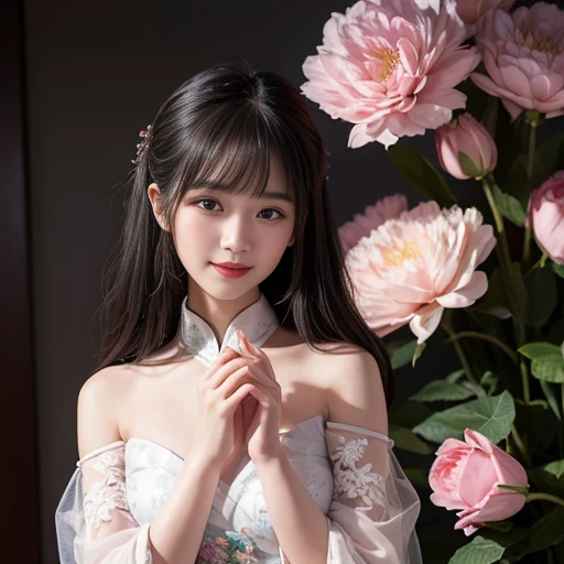 best quality, Delicate face，beautiful visual work, lifelike, eternity, black hair, Long curly hair, blunt bangs, Smile, 在flower园里, flower, Detailed Background, Delicate face，pink blush，cold，((masterpiece))、(top quality)、8k、high detail、Super detailed，21 years old female，Wearing Chinese cheongsam、Seductive and whimsical style、masterpiece、born、Scenes resembling fairy tale illustrations、intricate details和複雜的設計、Beautifully、magic、capricious、 Beautifully、Dream aesthetics、「𝓡𝓸𝓶𝓪𝓷𝓽𝓲𝓬、ethereal、charming、fickle、magic」、realism、Visual effects、FXAA、SSAO、Shader、voiceless、ambient lighting、Tone mapping、High resolution、Ultra high quality、Million pixels、(8K resolution:1.10)、8k、8k以下、8K resolution、high detail、intricate details， (high quality:1.2、masterpiece:1.2、:1.21)、(21 years old female:1.21)、(興奮地Smile)、(Surrounded by a dreamy atmosphere、Model diagram，full-body shot，Normal 2 feet，Don't show your fingers，Japanese fan unfolded under chin