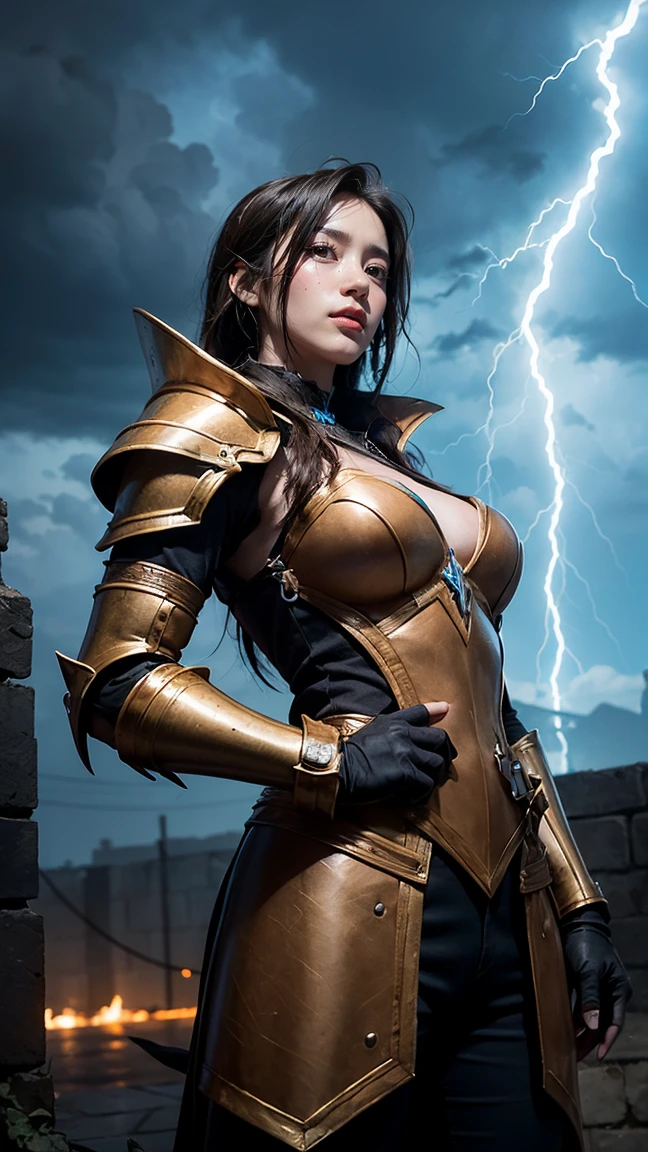"Show Bristleback (Rigwarl) from DOTA game in her Thunder attire, with electrified quills and armor that crackles with lightning, have massive k-cups, in the midst of a thunderstorm with dark clouds and flashing lightning."