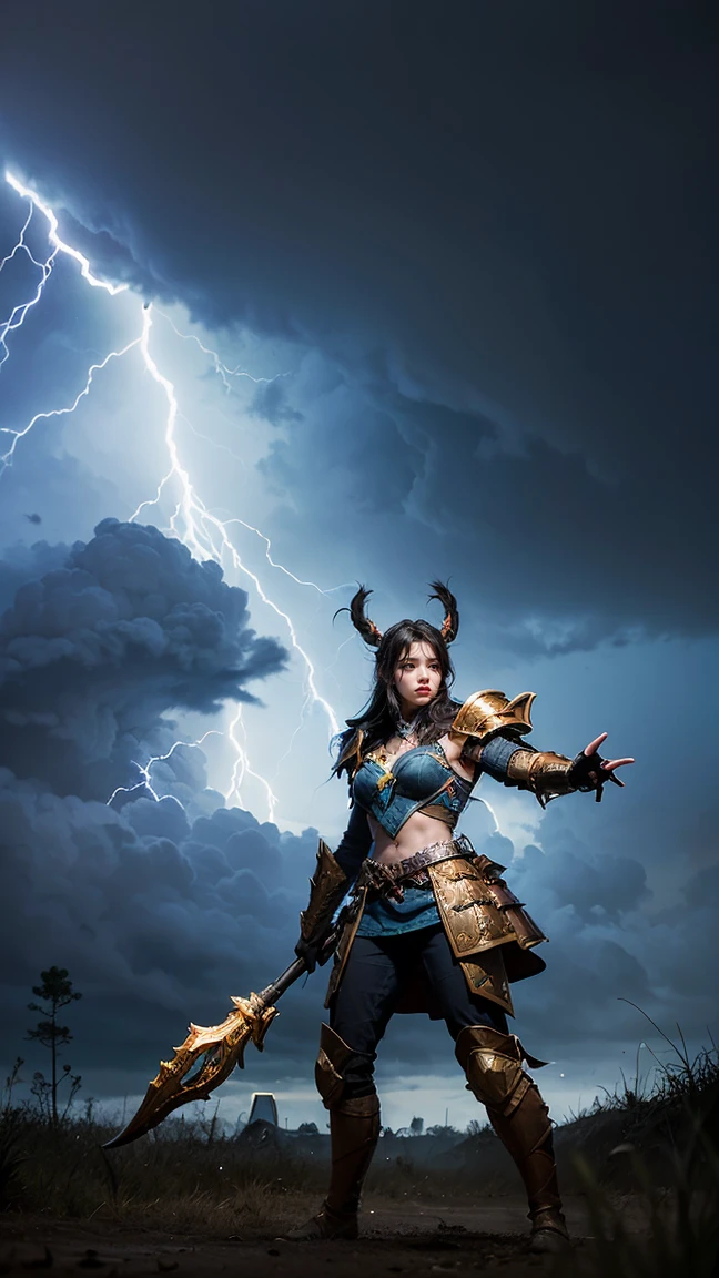"Show Bristleback (Rigwarl) from DOTA game in her Thunder attire, with electrified quills and armor that crackles with lightning, have massive k-cups, in the midst of a thunderstorm with dark clouds and flashing lightning."