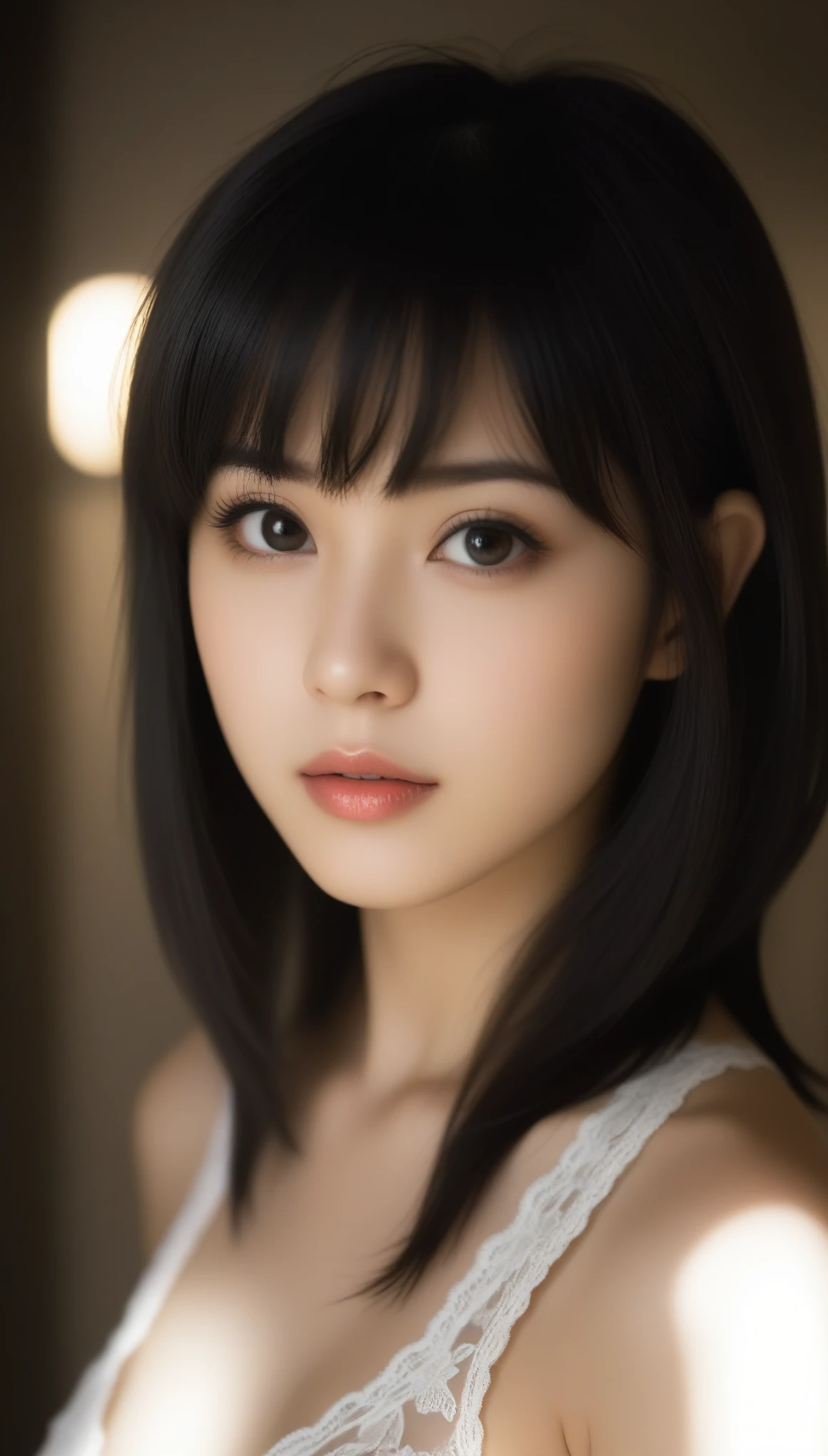 88K, Ultra-high resolution, Highest quality, masterpiece, 三分割法によるphotograph,Surreal, photograph, 1 Girl, (16 years old:1.3), pretty girl, Cute Face, Beautiful eyes in every detail, 細かくdetailedに,masterpiece,One Girl:1.2,Japanese female announcer,upper body,Serious expression,Black short hair,Bob with bangs,White lace lingerie, See through, Look forward, Standing posture, Opposition, Dynamic Lighting,Hotel room、 Sharp contours, Light from above, Low contrast, (Side view),Perfect and beautiful face ,完璧でCute Face, Skin with attention to detail, Perfect limbs、Narrow waist,Looking at the audience,(((Ideal body type))),A cup small breasts :2,Portraiture:2,Perfect Anatomy,鮮明なdetailed,detailed,Surreal,Light and shadow,stage lights