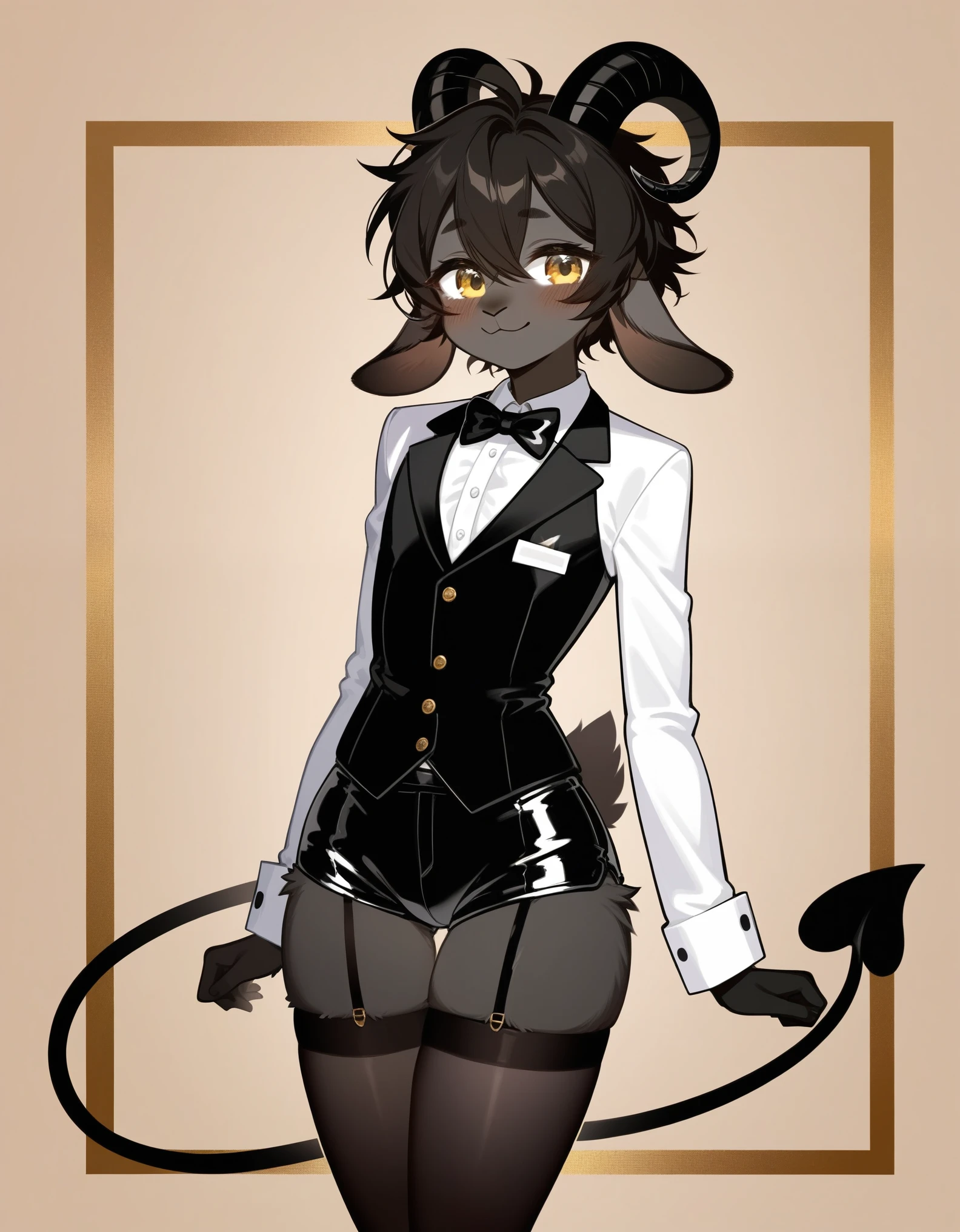 Best quality, Super detailed illustration, (anthro Fluffy goat boy:1.4), (matte black fur color:1.4), feminine face and body, disheveled thick hair, elegant outfit with bow tie, tailcoat, short shorts, Tight stockings, shy smile, a femboy, small waist, wide hips, slim, perfect body, long demon tail