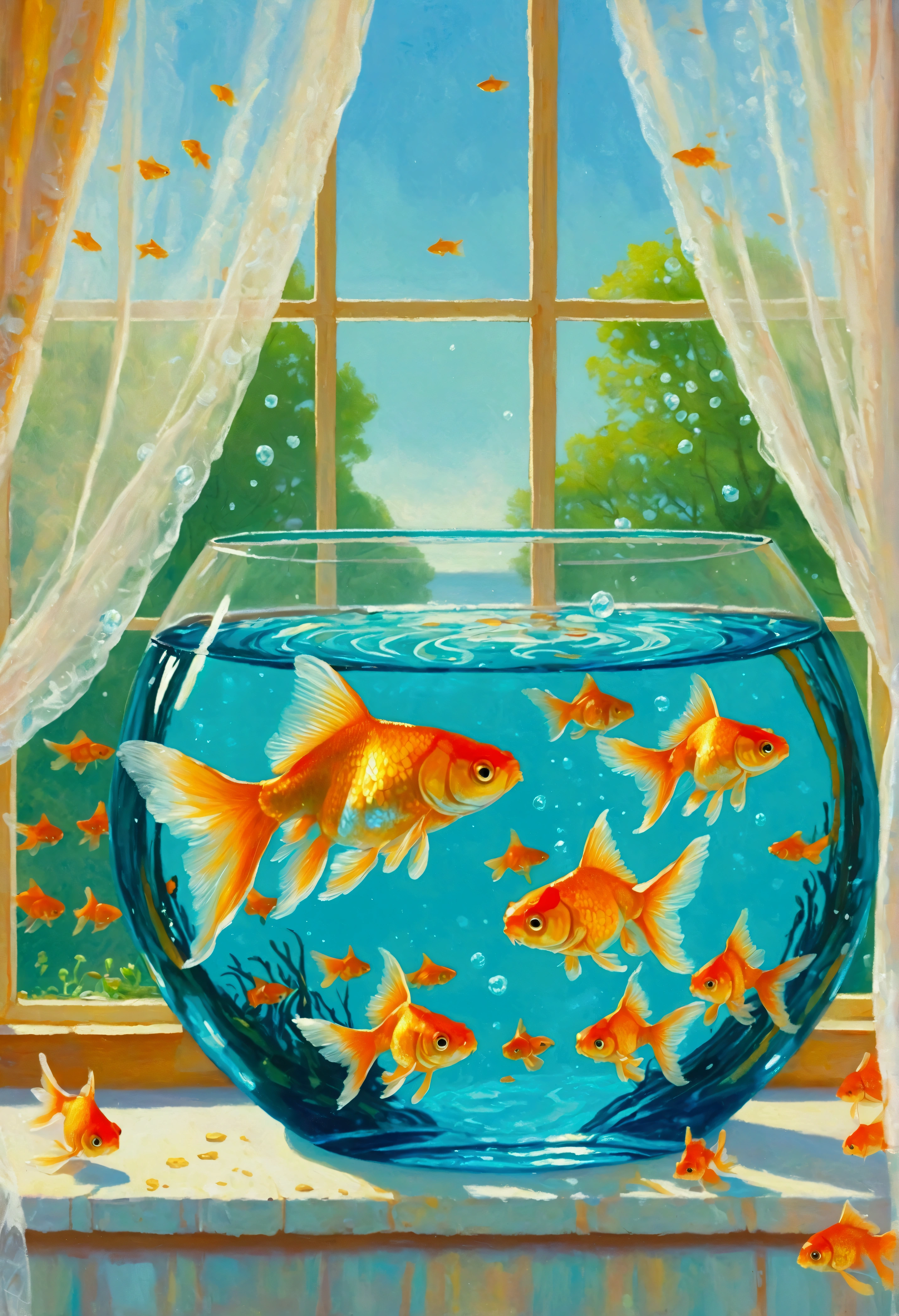 there are many goldfish swimming in a bowl in front of a window, Alexander Kucharsky (Alexander Kucharsky) A realistic painting of, cg Club Competition Winners, Wonderful realism, floating goldfish, Fish floating in bedroom, goldfish, Fish, Fish swimming, you are wrong, Magical Realism, Rob McNaughton, darrell k sweet, Acrylic art, Fishes swim around, Andrei Godeyev