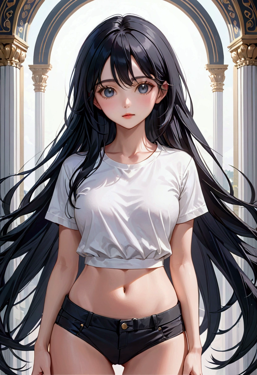 A young woman with long black hair upto waist, black eyes, fair skin tone, aesthetic body, casual wear, (detailed body), (detailed eyes) (masterpiece), (best quality), (ultra-detailed)