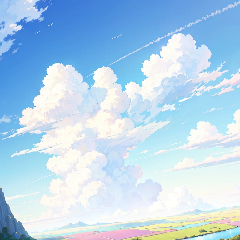 summer, Pasture, A plane flying far away, Heavenly scenery, Big Clouds, blue sky, Deep blue sky, Beautiful sky, Light of the sun, Hot Weather, HD detailed, Wet watermark, Super detailed, Cinematic, Surrealism, Soft Light, Deep focus bokeh, Ray Tracing, and Surrealism. --v6