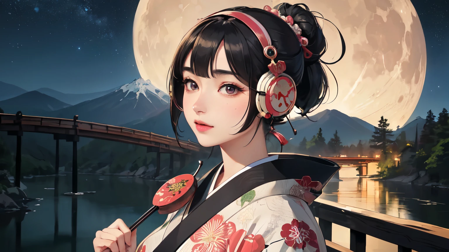 (Highest quality, 8k, masterpiece, High resolution), (whole body), Vibrant colors, Japanese style headphones,
Brown-black bob, Traditional topknot, Ample breasts, (Highly detailed face and eyes, Beautiful Face, Beautiful Eyes, Beautiful nose, Pretty lips), Official Art, Ukiyo-e style, (Beautiful woman in kimono), (Vivid floral patterned kimono), background, river, bridge, Mountain, wood, Starry Sky, moon, Detailed CG,
